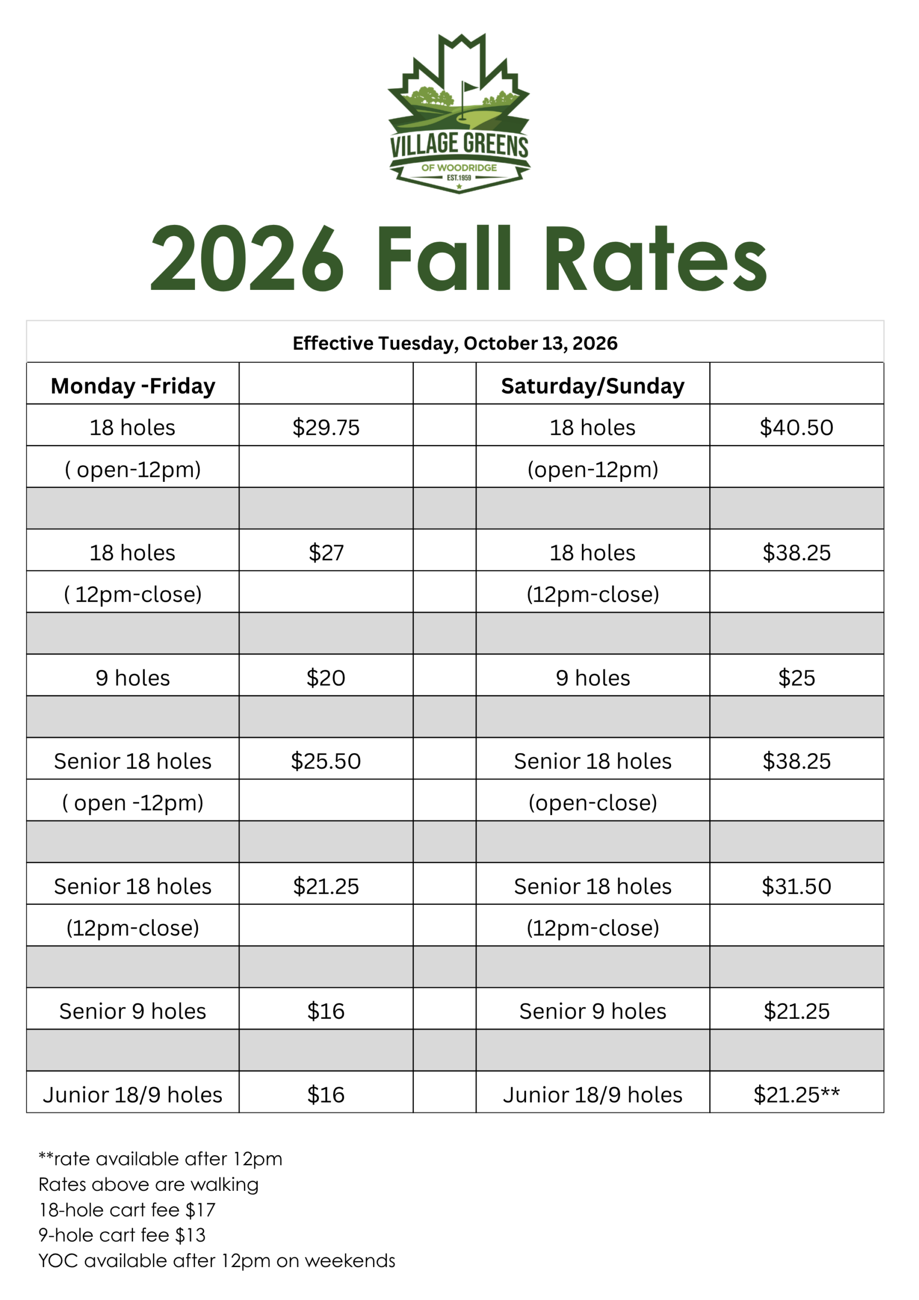 Village Greens Fall 2026 Rates